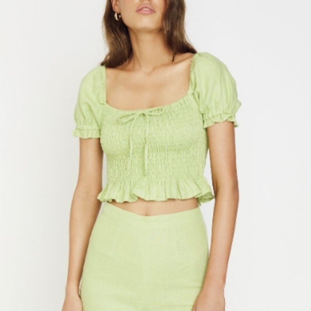 Faithfull The Brand 100% Linen Green Smocked Crop Top Puff Sleeve Cottagecore